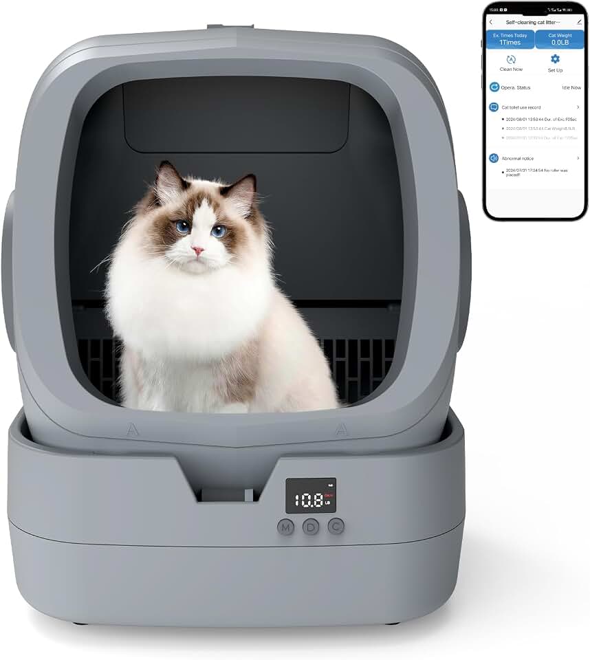 UPFAS Automatic Cat Litter Box Self Cleaning - APP Control - Weight Monitoring - Ultra-Quiet, Medium Cats and Kittens Litter Box, Safe Anti-Pinch【Assembly Required】- Grey