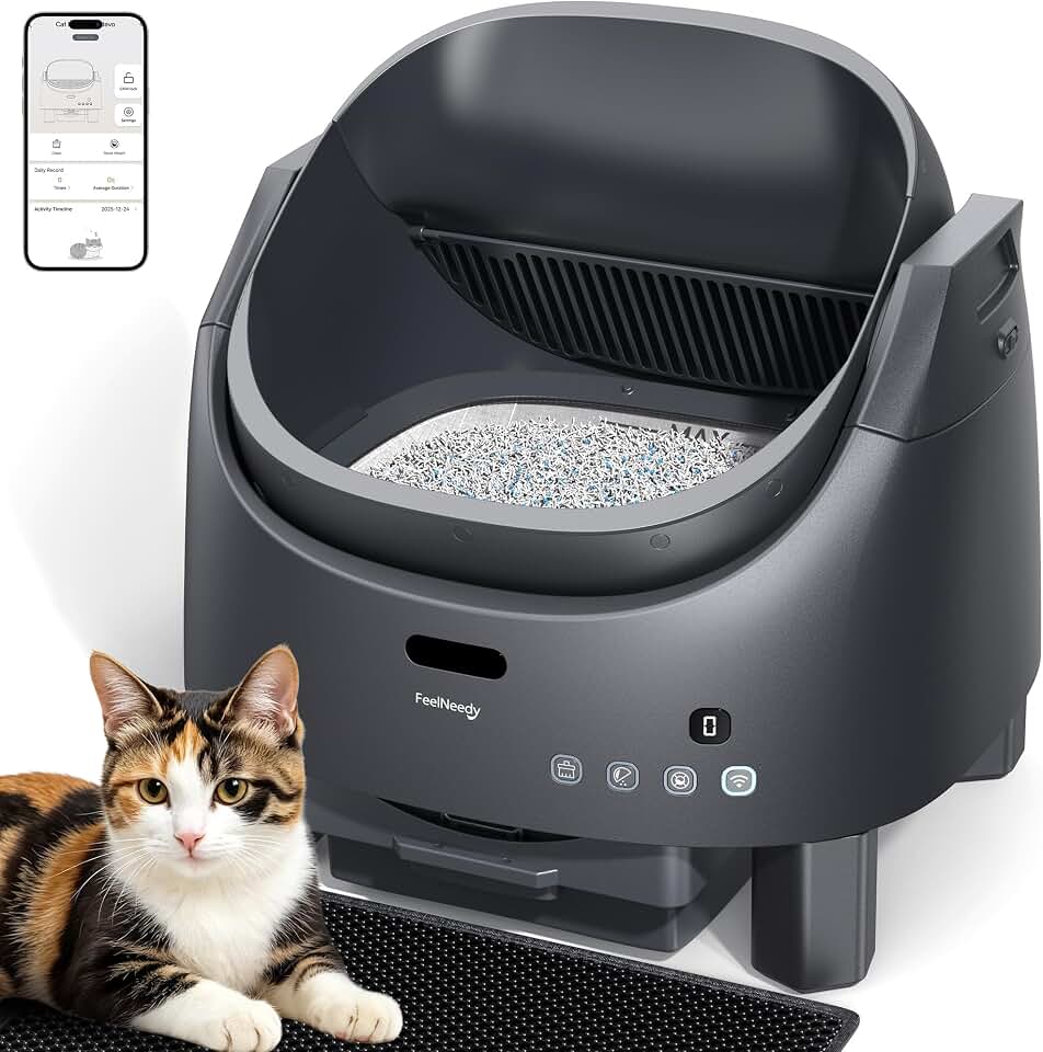 Automatic Litter Box Self Cleaning, FeelNeedy Open-Top Smart Cat Litter Box with App Control, Odor-Control Safety Sensor Design for Multiple Cats, with Waste Bags