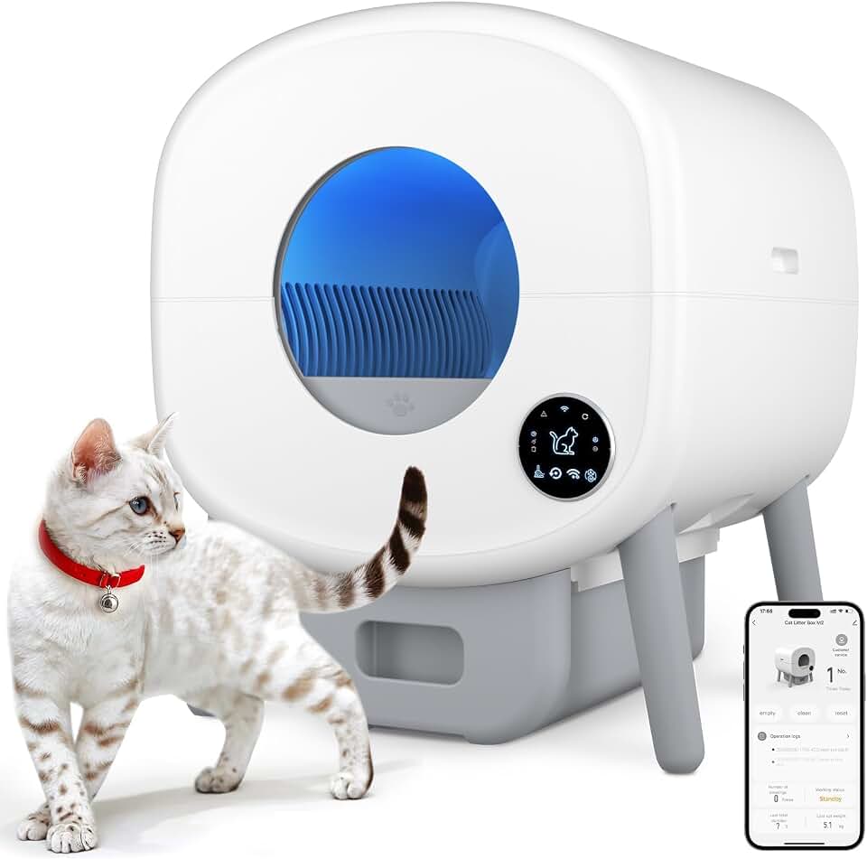 Cumrige Automatic Litter Box,Safety Sensor,App Control,95L Large Capacity | Detachable waste trays ,Self cleaning litter box for Multiple Cats,Safety Protection, 2 Roll Garbage Bags,White &amp; Grey Recycled Claim Standard 100