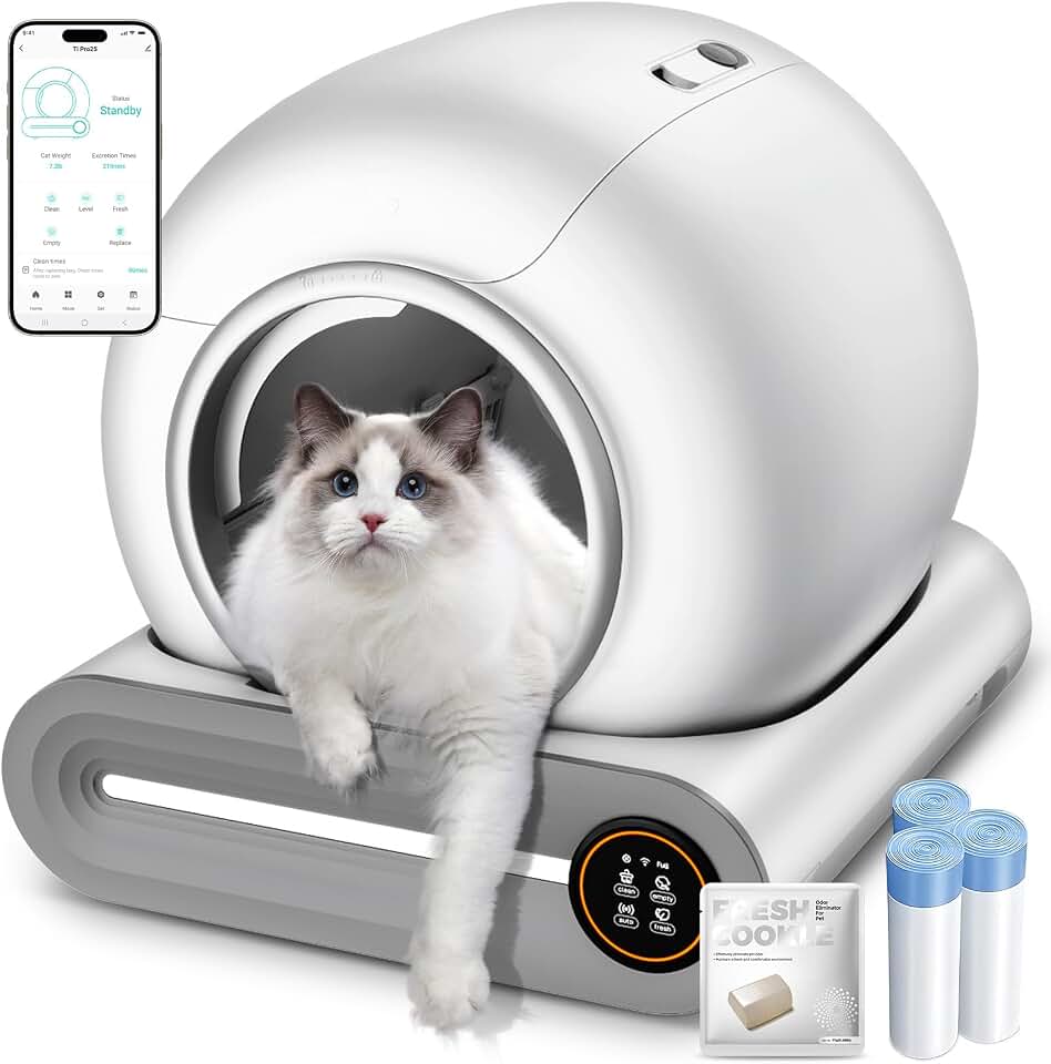 Automatic Litter Box, APP Control, 65L+9L Large Capacity,3 Rolls Litter Bag | Robot Self Cleaning Litter Box for Multiple Cats, Deodorization, 1 Odor Eliminator, Grey, White