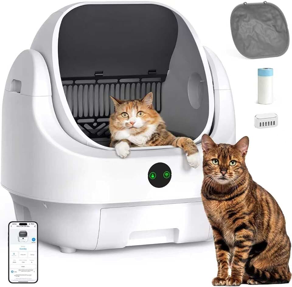 Open-Top Automatic Litter Box, Odor Control, Ready to Use, Self Cleaning | Litter Box, Large Capacity with APP Control and Safety Sensor, Ellenpent, with Trash Bags/Waterproof Mat/Litter Mat