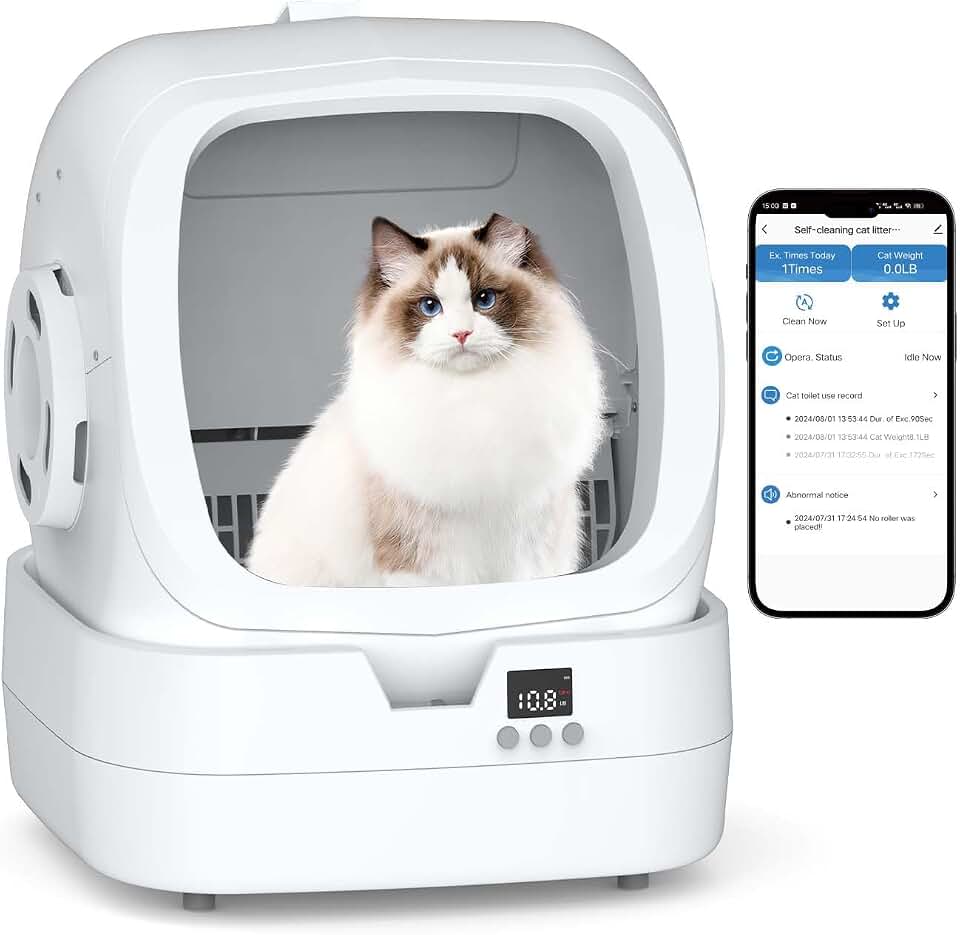 Mintakawa Automatic Cat Litter Box Self Cleaning - APP Control and Weight Monitoring - Ultra-Quiet, Suitable for Medium Cats and Kittens, Safe Anti-Pinch Litter Box (Assembly Required) - White