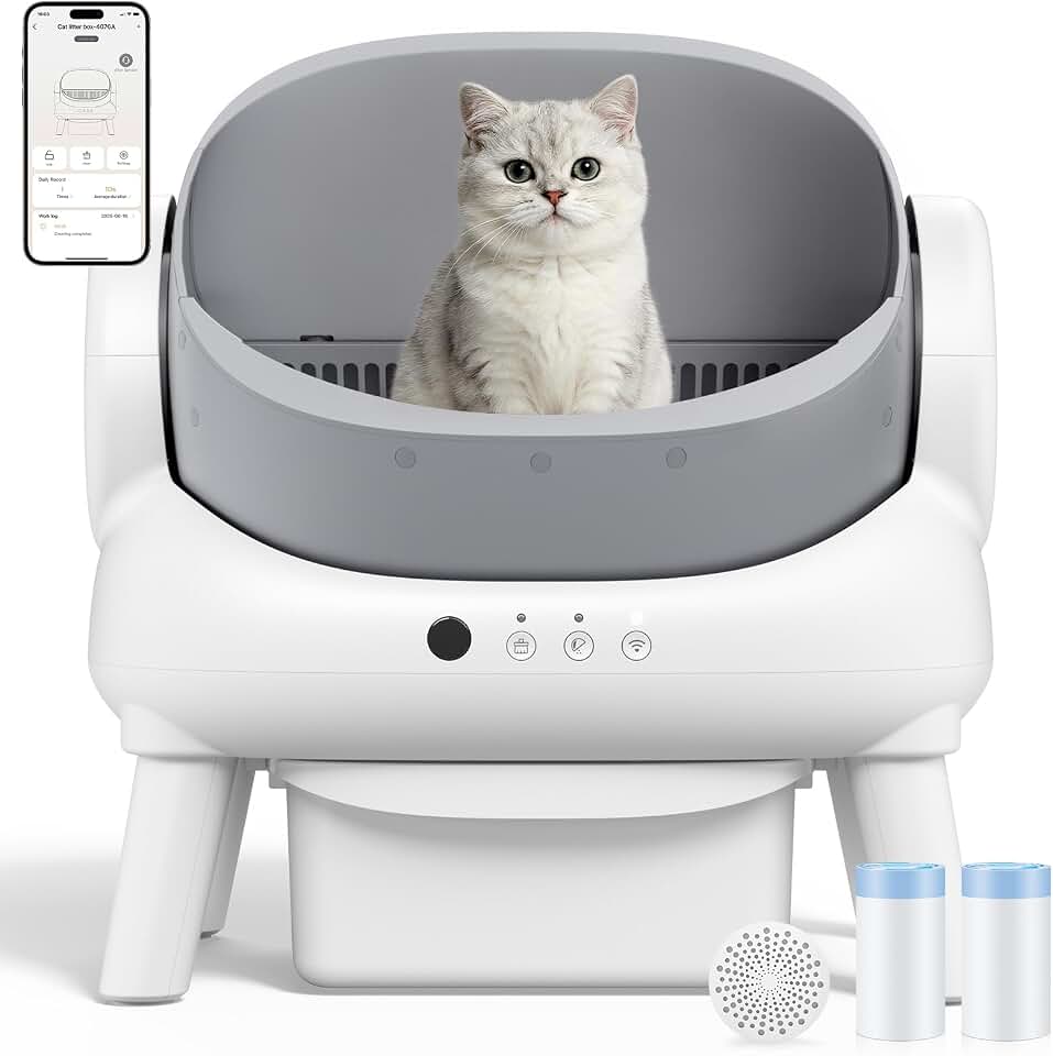 Automatic Litter Box,Open Top Self Cleaning Litter Box Grey | Automatic Cat Litter Box for Multiple Cats with Infrared Sensors &amp; App Control,Quiet Operation,Large Waste Bin, Advanced Odor