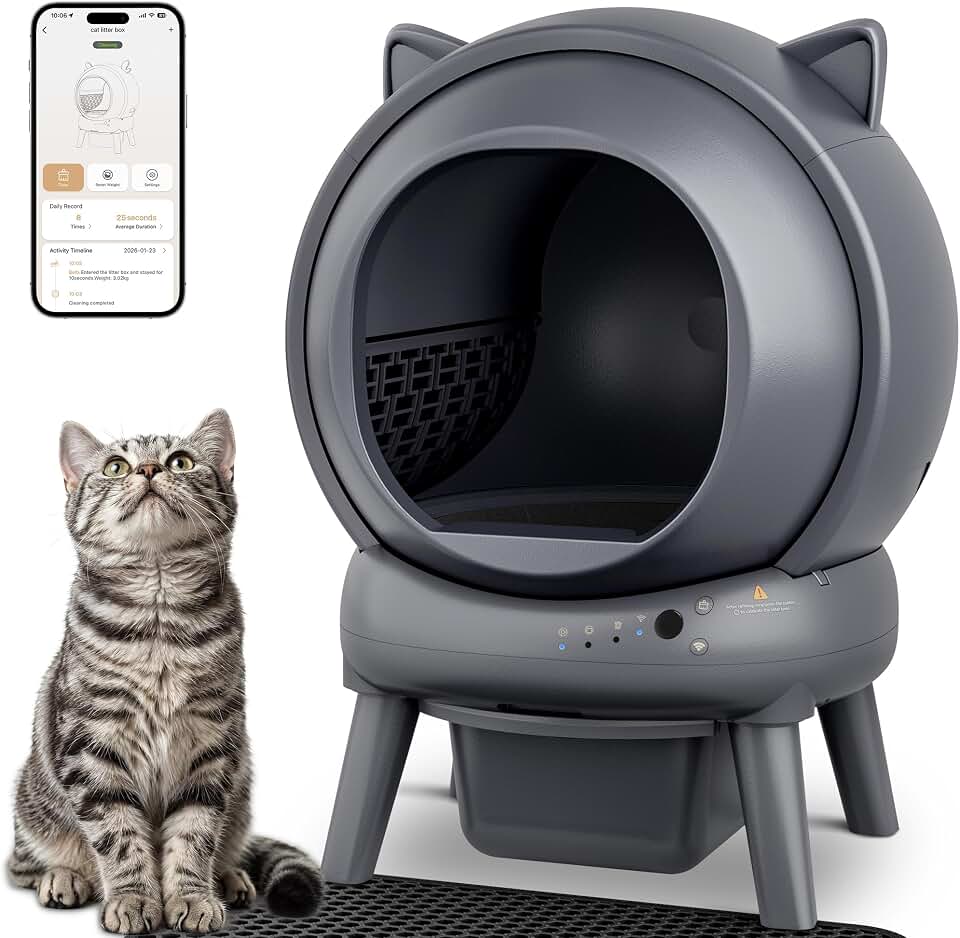 Automatic Self Cleaning Litter Box, Cat Litter Box, Robot Litter Box | APP Control, 65L Globe, Dual Safety Sensors, 1 Roll Garbage Bags, Litter Mat, <35DB, Grey