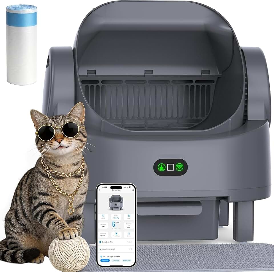 Automatic Litter Box, Open Top Large Self Cleaning Cat Litter Box for Multiple Cats, with APP Control/Multiple Safety Sensors/Trash Bag/Litter Mat, Cat Box Automatic Cleaning