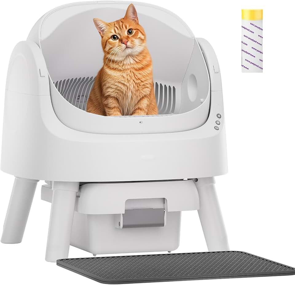 PetPivot Self Cleaning Litter Box, Open Top Automatic Litter Box for Multiple Cats, Multiple Layer Safety Protection, Liners and Mat Included, White Global Recycled Standard