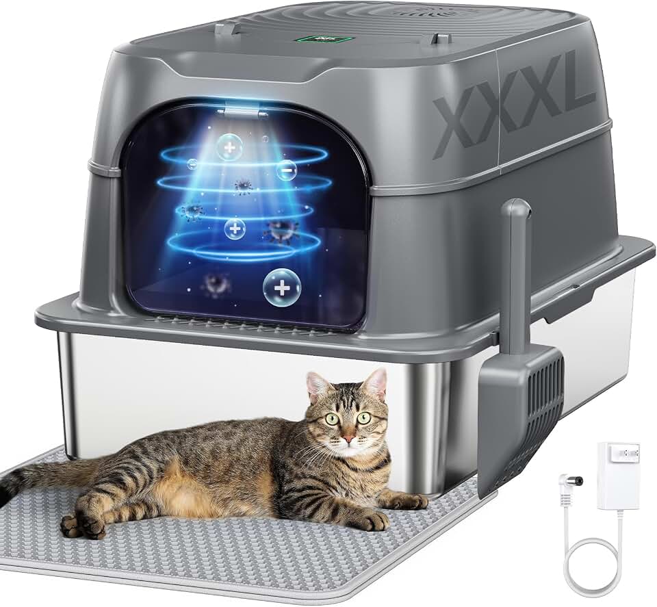 Smart Odor Control Stainless Steel Cat Litter Box with Lid, XXL Enclosed Extra Large Litter Box for Big Cats, Infrared Auto-Pause Sensor, High Side Leakproof Pan, Easy to Clean