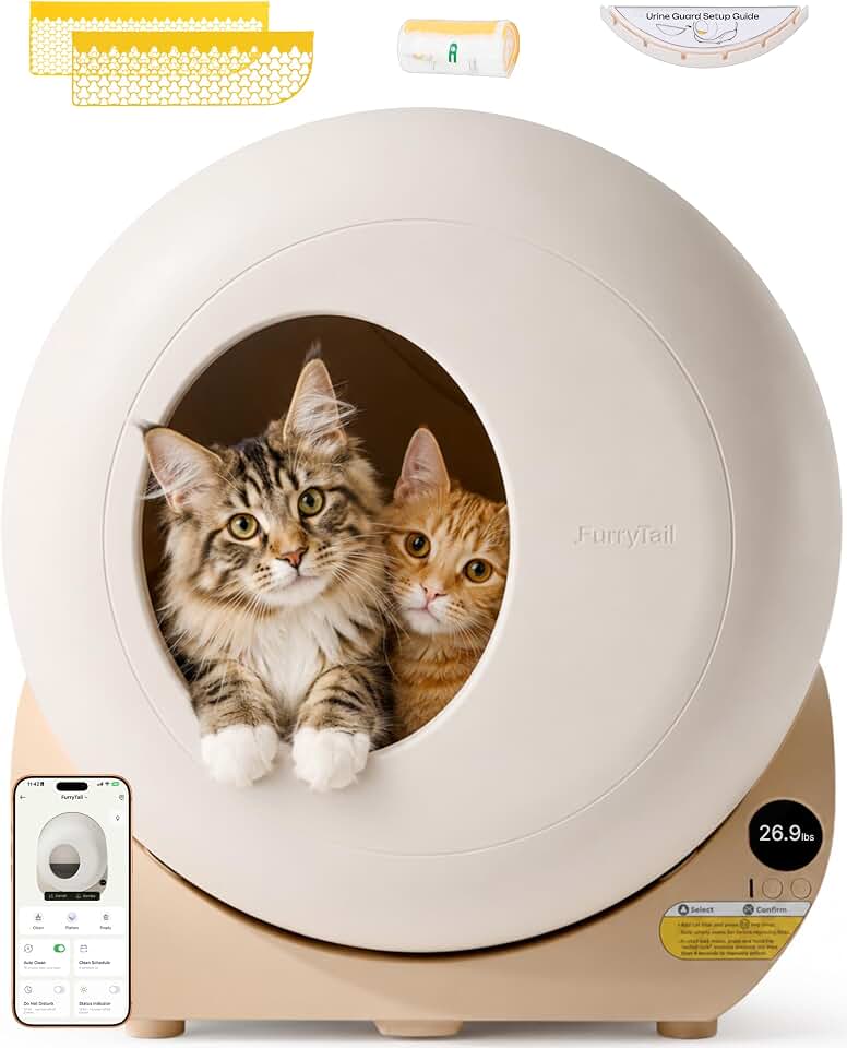 Furrytail Automatic Litter Box Self Cleaning with Night Light, Cream | Smart Safety Sensors, Advanced Odor &amp; Leak Control, Large Capacity for Multi Cat Homes, with App Control &amp; 40 Trash Bags Global Recycled Standard