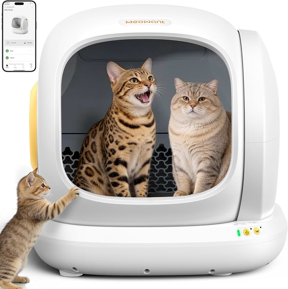 Meowant Self-Cleaning Cat Litter Box, 75L Extra Large Open-Top, APP Control | Automatic Cat Litter Box for Multi Cats, Low Entry Safety Protection/Health Monitor/Odor Removal Smart Box with Mat &amp; Liner Global Recycled Standard