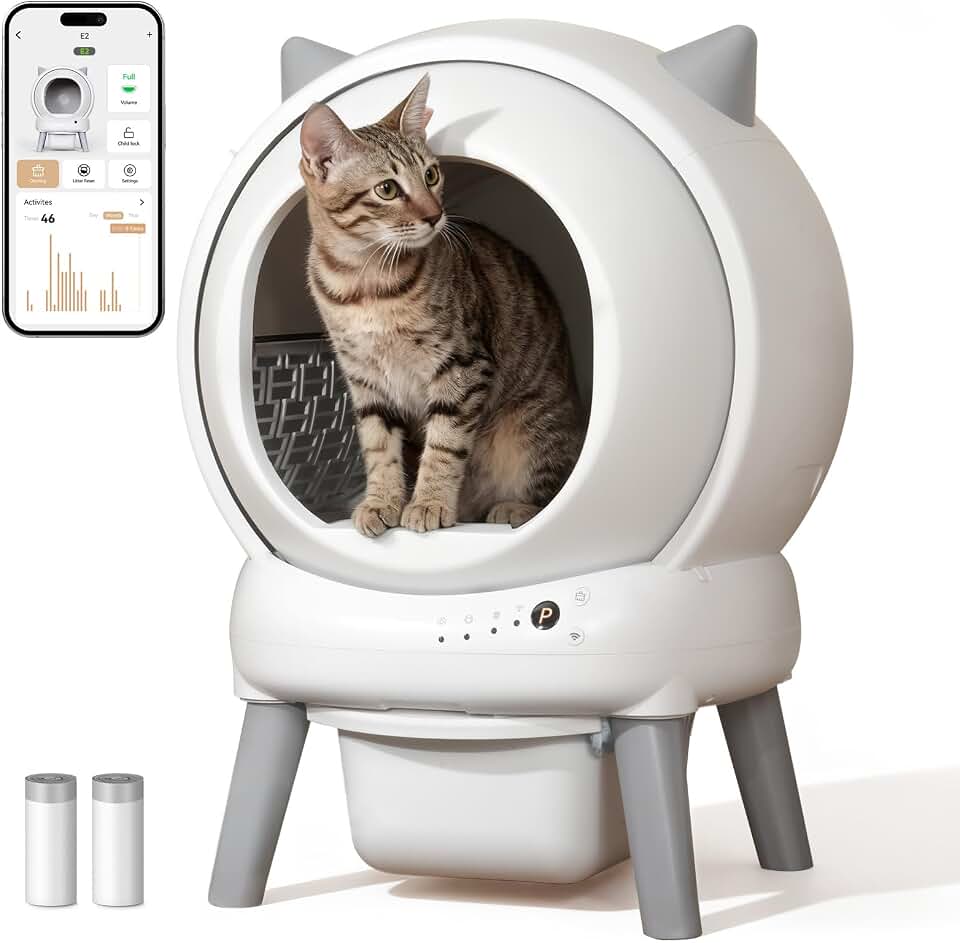 Automatic Litter Box, Self Cleaning Cat Litter Box for Multiple Cats | App Control,Odor Control, Quiet Smart Litter Box for Cats, with 2 Roll Trash Bag and Litter Mat