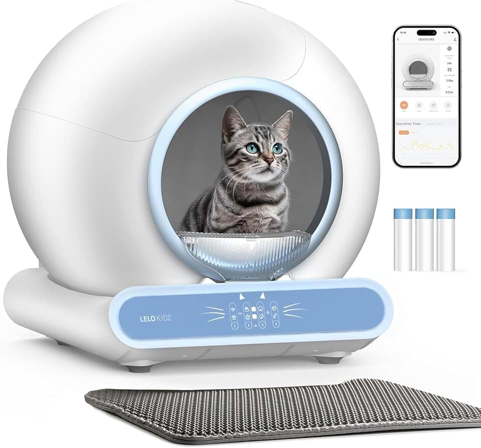 Self Cleaning Litter Box, Integrated Safety Automatic Cat Litter Box Self Cleaning 65L+9L for Multiple Cats, App Control, Odor Removal, Includes Mat &amp; 6-Month Liner Supply (3 Rolls) - Blue