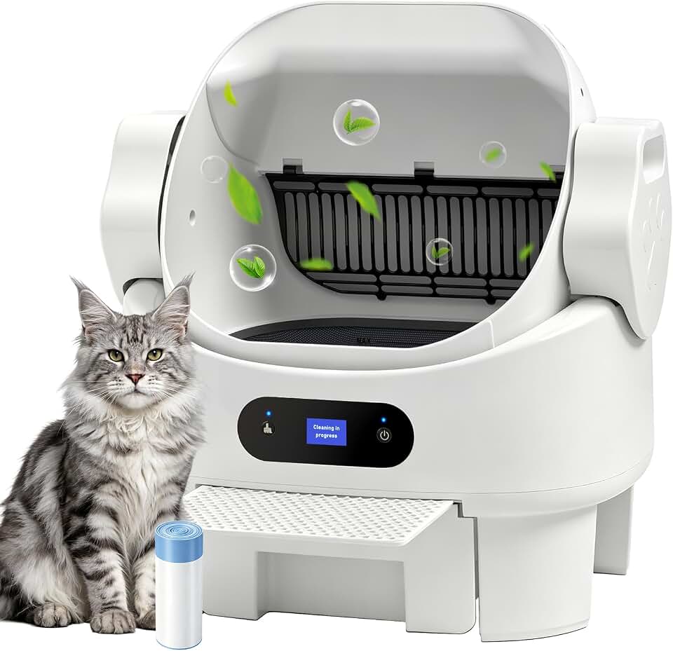 Self Cleaning Auto Litter Box Enclosure, Open-Top, Multiple Cats | Safety Sensor Protection, Large Bin, Ultra Quiet, Easy Setup, Convenient Cleaning,Odor Control, Include Waste Bag, White Global Recycled Standard