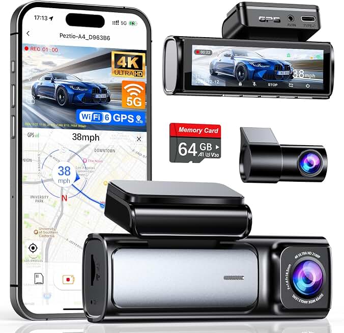 Affver 4K+2.5K Dash Cam Front and Rear, Built-in 5G WiFi 6 GPS Dual Dashcam | 64GB Card Included, 3.59" IPS Screen, APP Control, G-Sensor, Loop Recording, 24H Parking Mode, Night Vision, Car Dash Camera