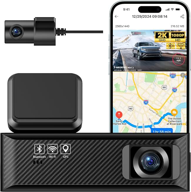 Miofive Mini 2 Dual Dash Cam for Cars - 2K Front + 1080P Rear Dash Camera | Built-in WiFi, GPS Tracking, iOS Android App Control, HDR Night Vision, 24H Parking Monitor, G-Sensor, Time-Lapse