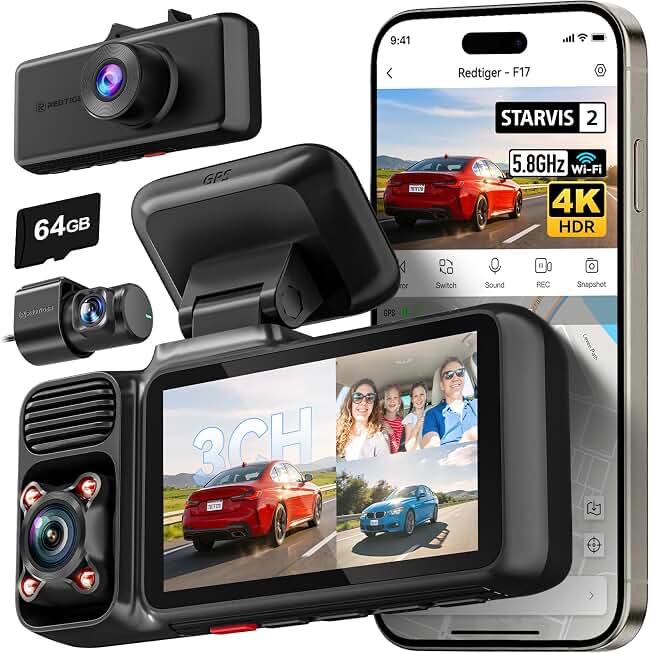 REDTIGER F17 4K 3CH Dash Cam, STARVIS 2 Sensor HDR, 64GB Card, 5.8GHz WiFi | 2160P+1080P*2 Front Inside and Rear, 4 IR Night Vision, G-Sensor, GPS Tracking, Exclusive App, WDR Car Camera, Parking Mode