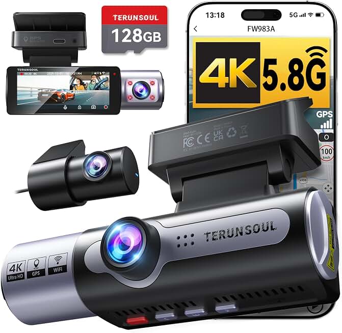 4K Dash Cam Front and Rear, Full HD 3 Channel Dashcam, Free 128GB Card | built-in 5.8GHz WiFi Built-in GPS, Collision sensor, night vision, HDR, 3.16" IPS, 24H Parking Mode（Black） Global Recycled Standard