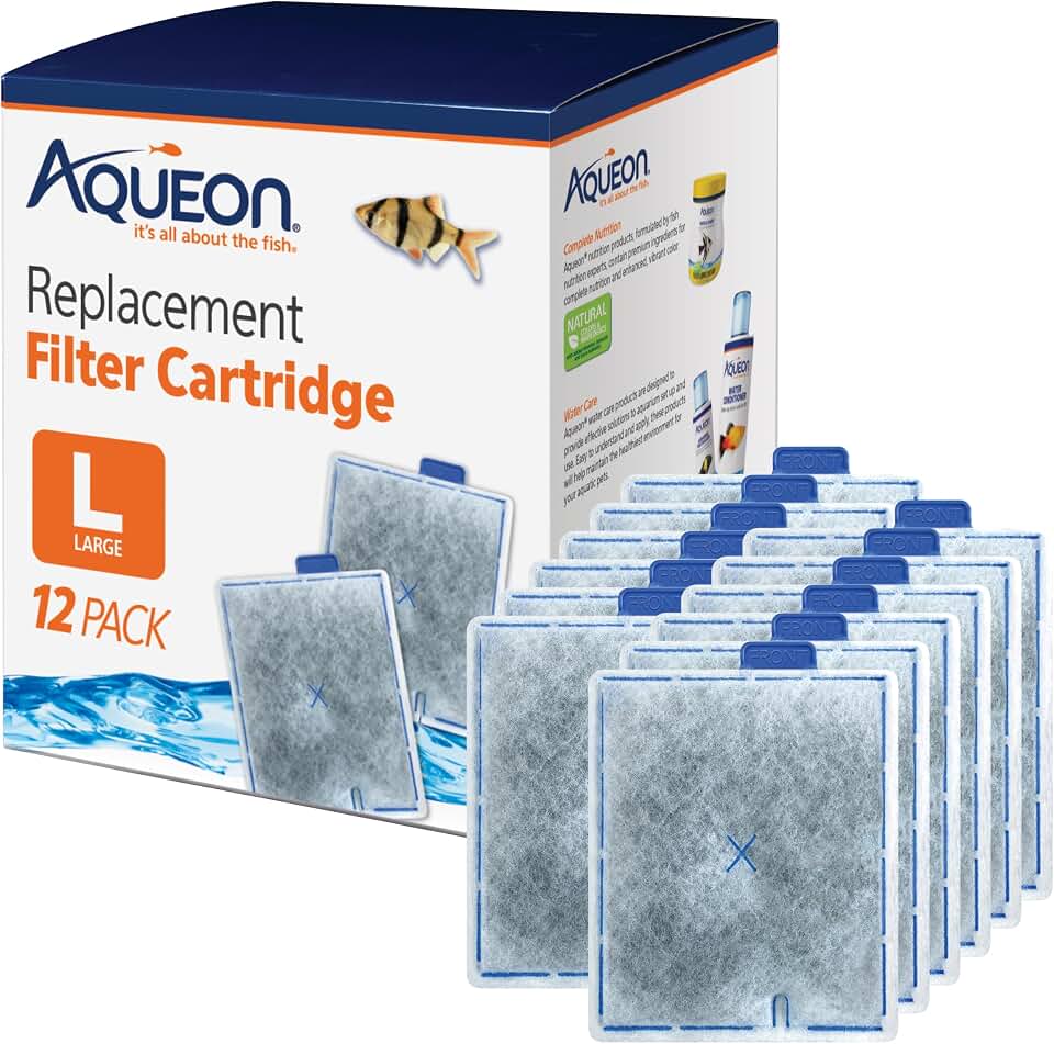 Aqueon Replacement Filter Cartridges Large, Filter Cartridge - 12 Pack | Aquarium filter cartridge with dual-sided dense-floss, activated carbon, and FRONT tab for easy installation
