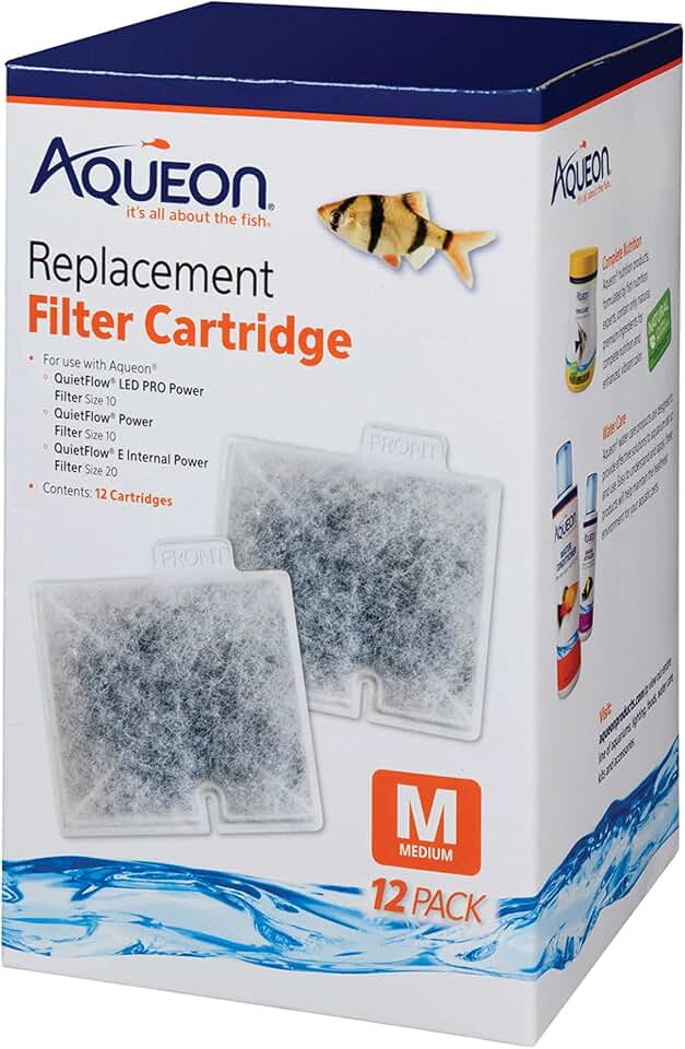 Aqueon Replacement Filter Cartridges Medium, Filter Cartridge, 12-Pack | Fish tank filter cartridge, dual-sided dense-floss with activated carbon, fits QuietFlow size 10 filters