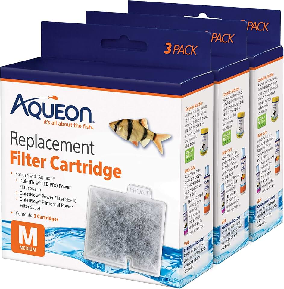 Aqueon Replacement Filter Cartridges Medium, Filter Cartridge, 9-Pack | Fish tank filter cartridge, dual-sided dense-floss with activated carbon, fits QuietFlow size 10 filters