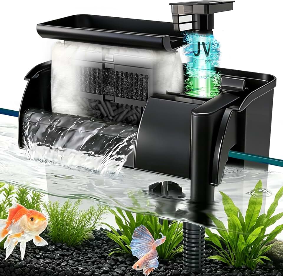 Large Hang on Back Aquarium Filter w/ U-V Light for 40-150 Gallon Fish Tank | Big Canister w/Filters High Flow 5-Stage Green Killing Deodorization Machine Keep Freshwater Saltwater Crystal Clear 344GPH