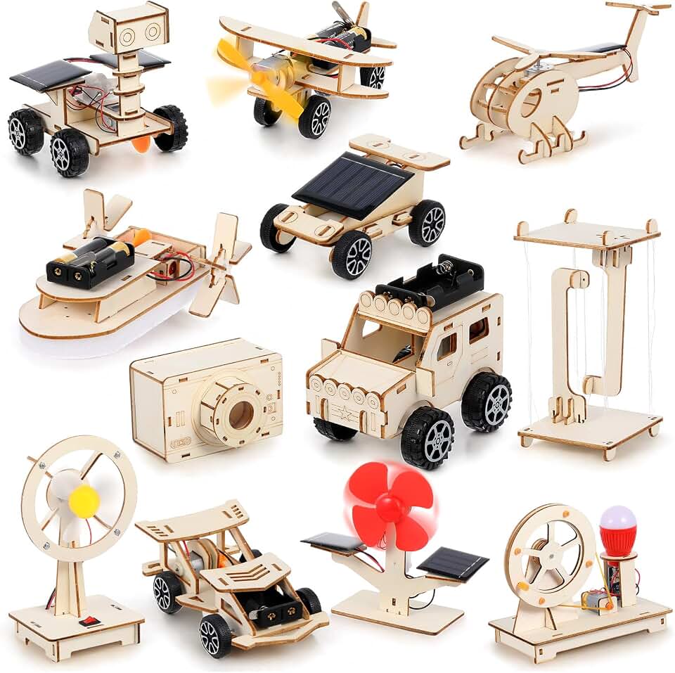 Soulchen 12 Sets STEM Kits DIY Wood Building Projects,Vehicles Mechanical | Solar Car Engineering Learning Projects, Stem Model Crafts Kits for Beginners DIY Educational Engineering Experiments Gifts