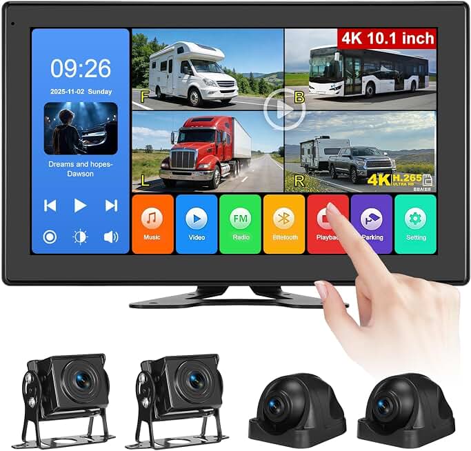 10.1 Inch 4K Touch Screen Wired RV Backup Camera System | 1080P IP69 Waterproof Camera, 4CH DVR Loop Recording &amp; Bluetooth. For Semi Truck, Trailer, Camper, Pickup, Bus, RV
