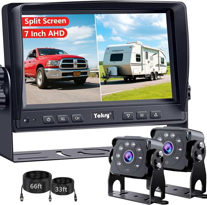Dual RV Backup Camera for Truck - 7 Inch HD Split Screen Reverse Camera | No Delays Easy to Install IR Night Vision IP69 Waterproof Rear View Camera for Trucks, Trailers, RVs, Tractors