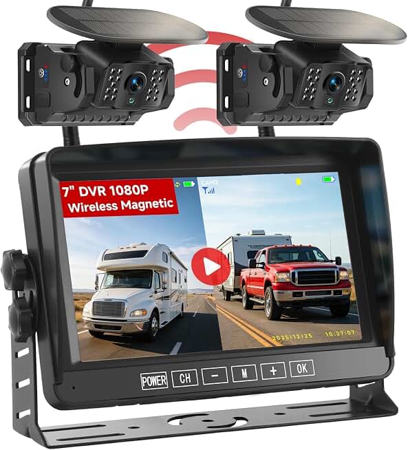 Dual Magnetic Wireless Backup Camera, 7” 1080P HD 4CH DVR Monitor | Solar 15000mAh Battery, IR Night Vision, Loop Recording Waterproof 500ft Range for Truck RV Trailer Camper Fifth Wheel, VA001