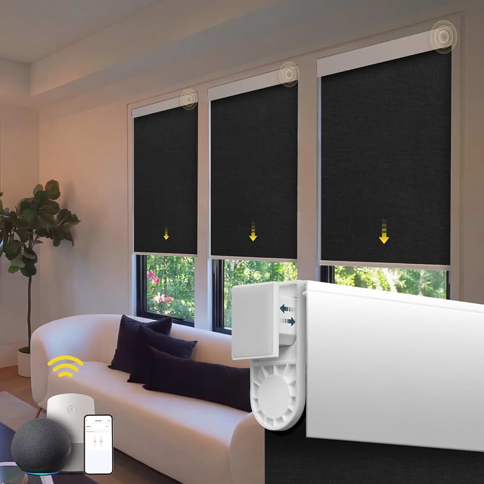 Motorized Blinds - No Drill Automatic Cordless Roller Shades Electric Smart Blinds with Remote Control (Black, 34 x 72), MH100 Global Recycled Standard
