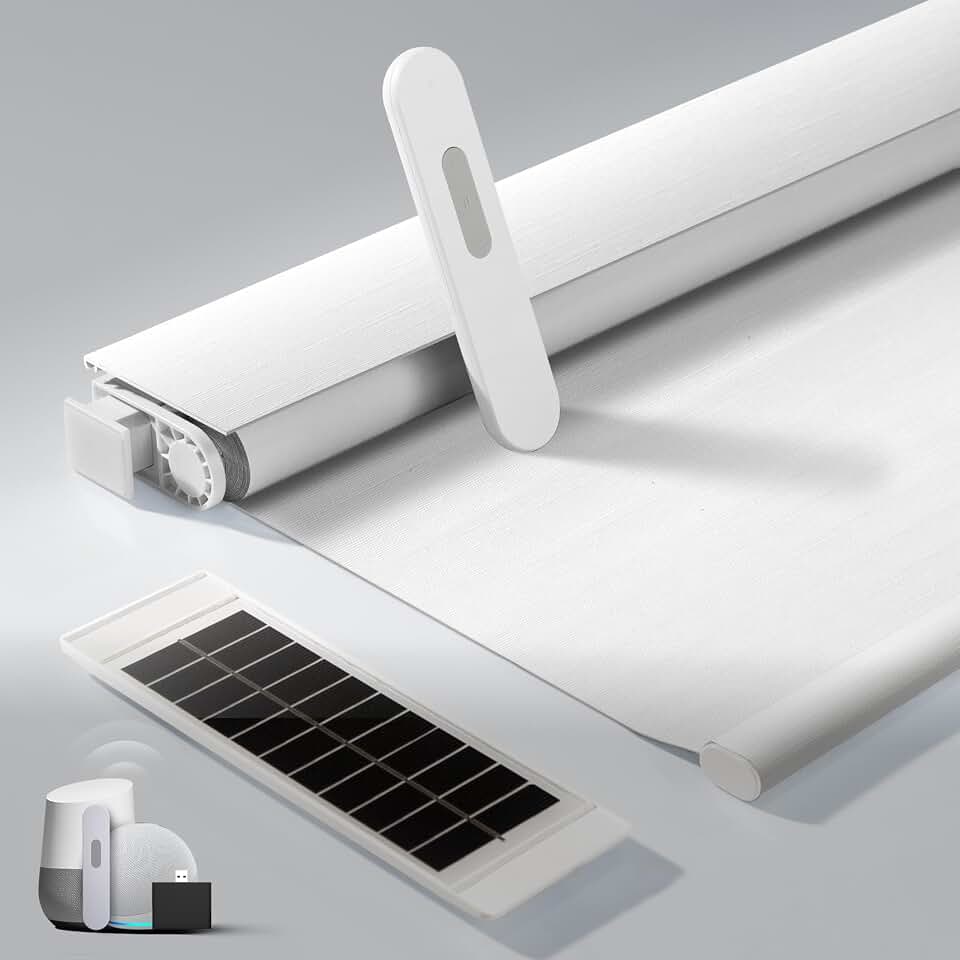 No Drill Motorized Blinds with Remote, Automatic Roller Shades | Easy Install, Rechargeable Blackout Smart Blinds for Bedroom, Office &amp; High Windows Fabric Wrapped Cover, White, 34½"Wx72"H
