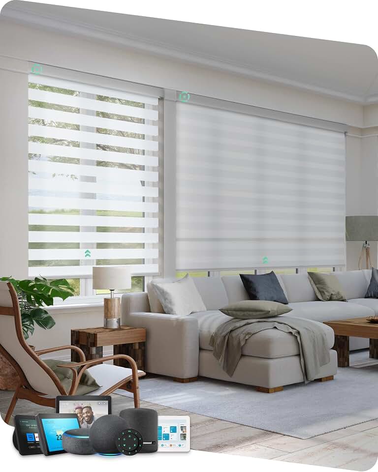 Yoolax Motorized Zebra Blinds with Remote, Voice Control, 34" W x 72" H | Compatible with Alexa, Room Darkening Smart Blinds for Home Office, Electric Automatic Shades for Indoor Windows, White Global Recycled Standard