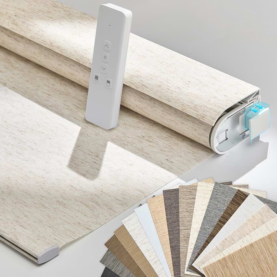 Persilux Smart Motorized Blinds with Remote, No Drill Automatic Roller Shades for Indoor Windows, Light Filtering Linen Fabric, Electric Blinds for Windows, Linen Cream C156-1, Custom Size Global Recycled Standard