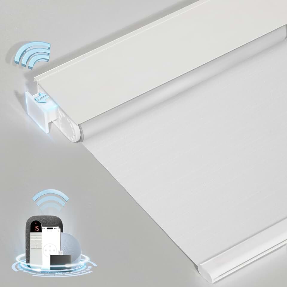 No-Drill Motorized Blackout Blinds with Remote, White, 34.5" x 72" | Tool-Free Installation, Works with Tuya &amp; Alexa via Hub, Cordless, Child Pet &amp; Renter Friendly, Privacy, Thermal Cooling Global Recycled Standard