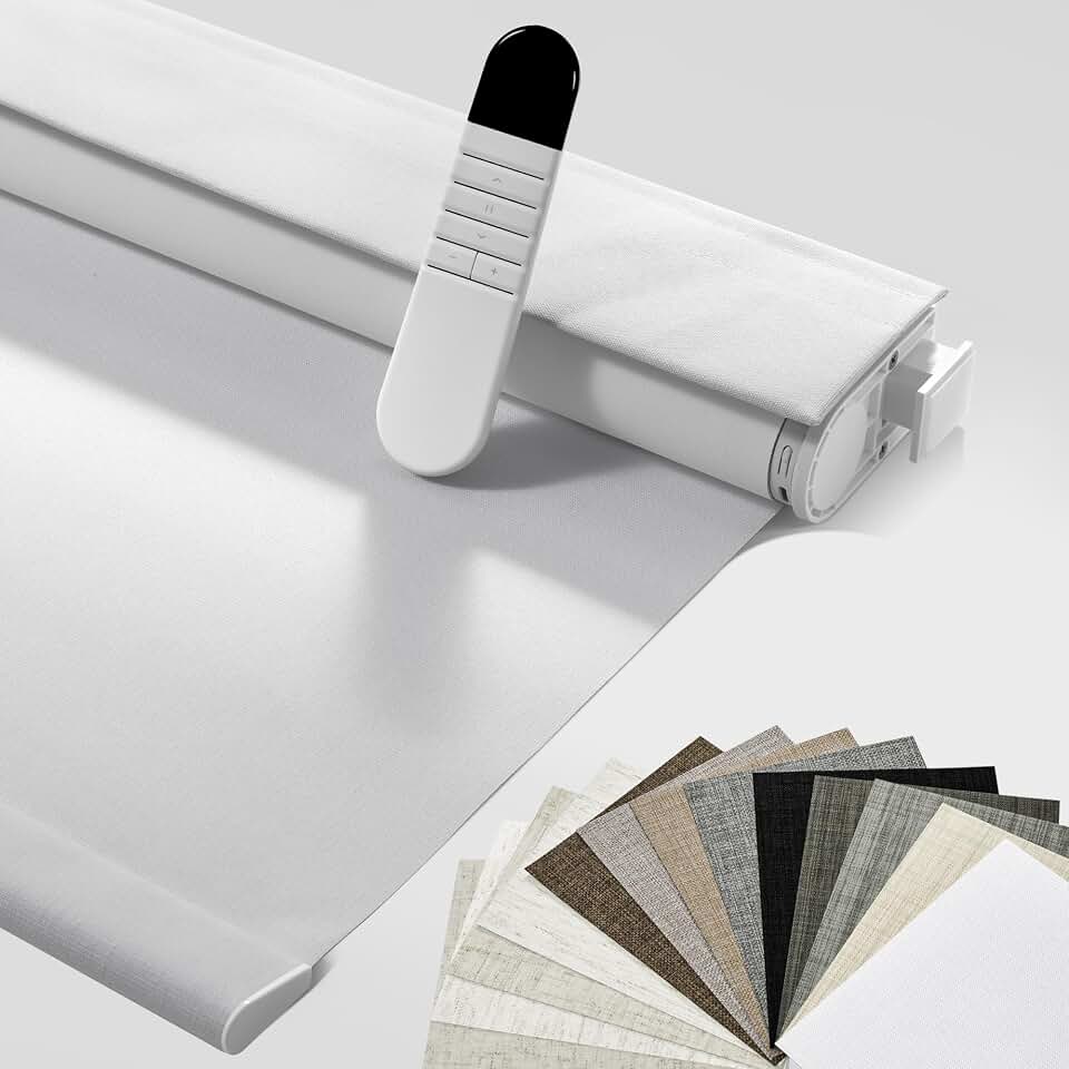 Boolegon Motorized Roller Blinds with Remote, No Drill Smart Roller Shades for Indoor Windows, Blackout Linen Fabric Rechargeable Electric Blinds for Home, Office, Linen White, Custom Size Global Recycled Standard