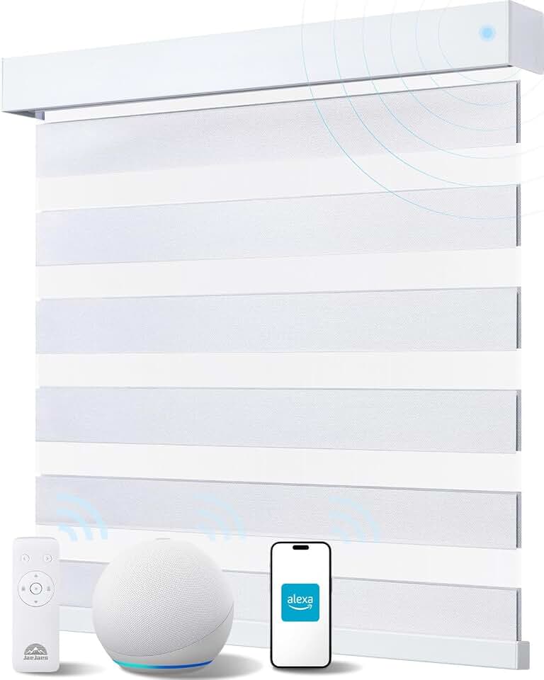 Smart Zebra Blinds for Windows, Works with Alexa, 34" W x 72" H, White | Automatic Electric Motorized Zebra Blinds for Indoor Windows, Alexa/App Remote, Battery Quiet Motor, Eco Fabric, Easy Install