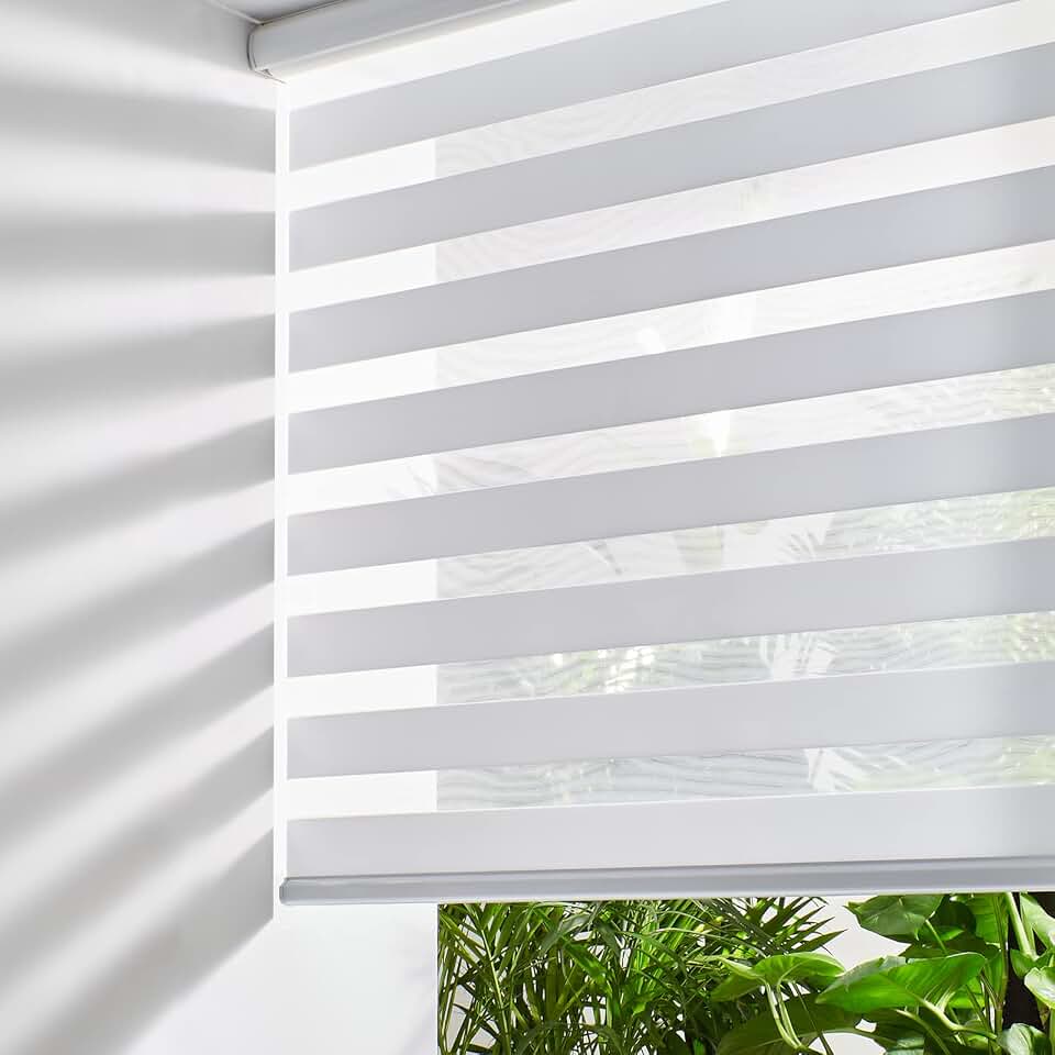 Persilux Cordless Zebra Blinds for Windows Free-Stop Window Blinds (34" W X 64" H, White) Dual Layer Light Control for Day and Night, Light Filtering Sheer Shades for Home, Bedroom, Easy to Install Global Recycled Standard