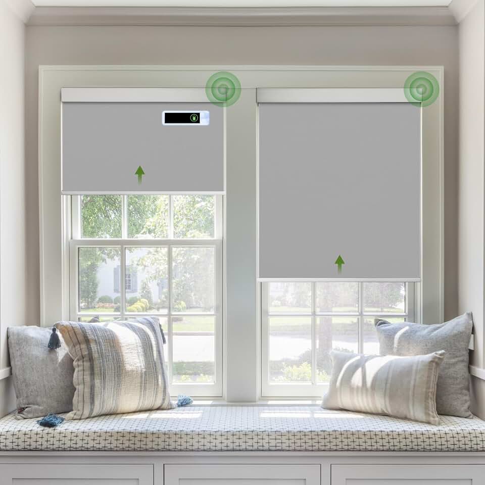 Motorized Blinds with Remote, Thermal Insulation Roller Shades | Blackout Automatic Shades with Solar Panel Cordless Smart Blinds for Windows, Horizontal Roller Shades, Gray, 26" x 72"