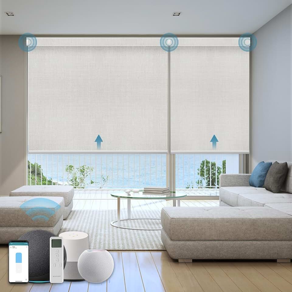 Motorized Roller Shades, 100% Blackout, Gentle White | Automatic Blinds for Indoor Windows, Works with Alexa Google Apple Home, Remote &amp; App Control,Solar/USB Charging,Custom Size