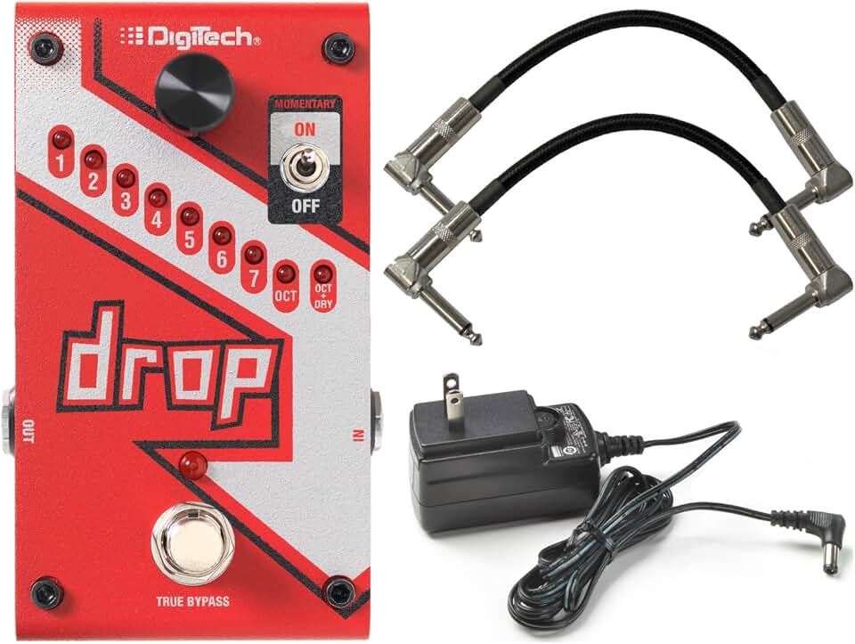 Digitech DROP Compact Polyphonic Drop Tune Pitch Shift Pedal with Momentary Latch Switching and True Bypass with Electronic Power Supply and Patch Pedal Cable