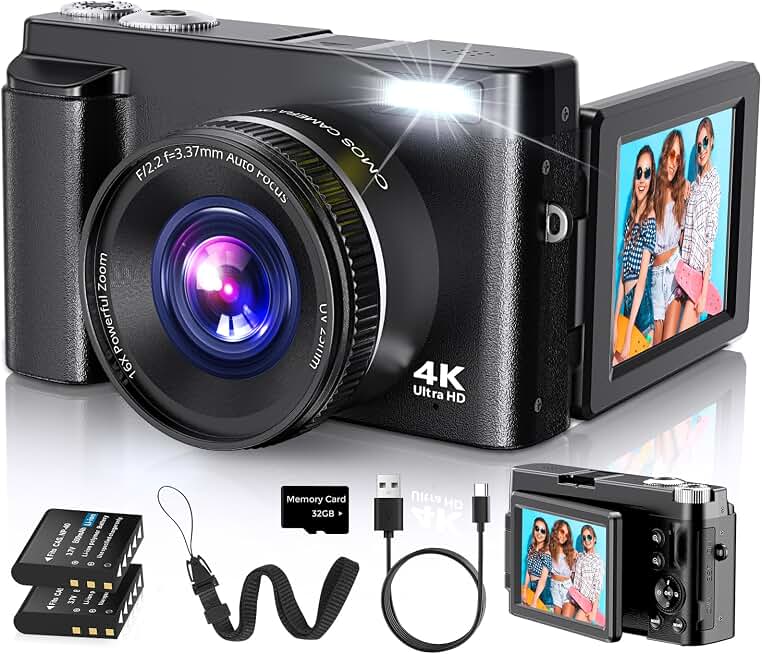 Duluvulu 4K Digital Camera for Photography Autofocus, 2026 Latest 48MP Vlogging Camera for YouTube with SD Card, 2 Batteries, 3" 180°Flip Screen Compact Travel Camera for Teens with 16X Zoom,Black