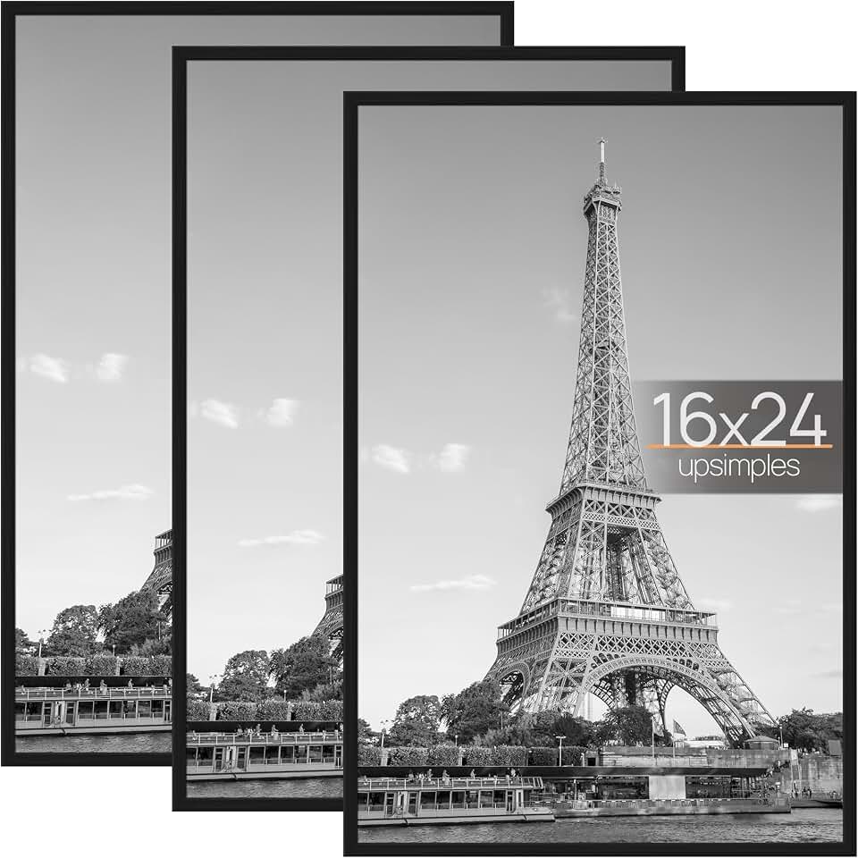 upsimples 16x24 Poster Frame, Easy Slide-In Assembly, Black, 3 Pack | Gallery Wall 16 x 24 Picture Frames Set for Family, Wedding, Christmas, Easy to Change Photos ClimeCo Certified