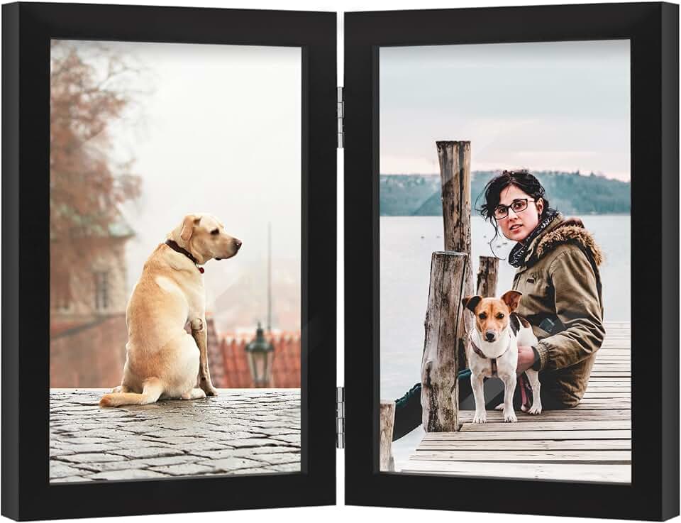 FOREV 4x6 Double Picture Frame Black Wooden Hinged Photo Frame | Tabletop or Desktop Display Vertically, for Christmas Mother's Day Father's Day birthday