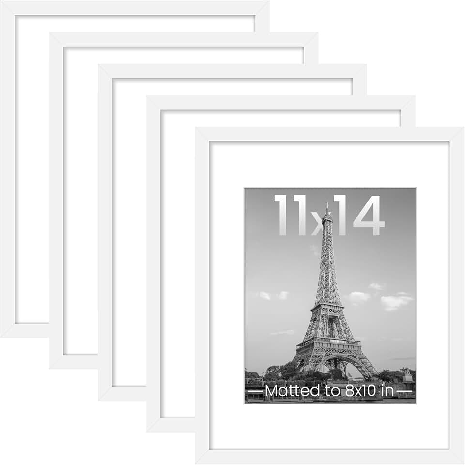 upsimples 11x14 Picture Frame, Gallery Wall Frames Set of 5, White | Photo Frame Collage Wall Decor, 11 x 14 Frame, 8x10 Frame with Mat for Family, Baby, Hallway, Diamond, Christmas ClimeCo Certified