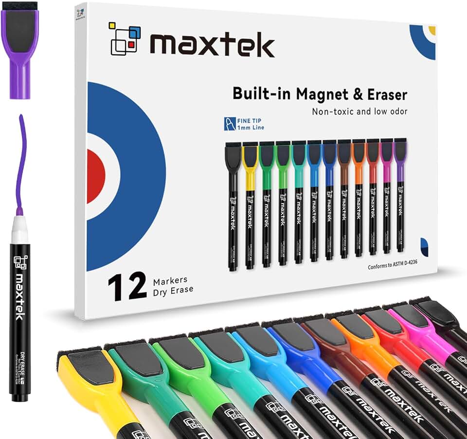 maxtek Magnetic Whiteboard Markers - 12 Count Colorful Fine Tip Dry Erase Markers with Eraser for Kids, Low Odor Thin Markers for Calendar Boards Global Recycled Standard