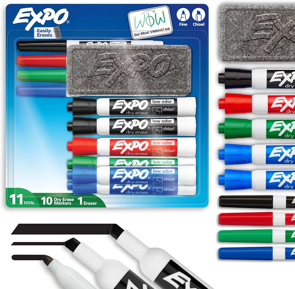 EXPO Dry Erase Markers Set, Fine &amp; Chisel Tips, 11 Count - Classroom, Office Supplies, For White Boards, Easily Erases