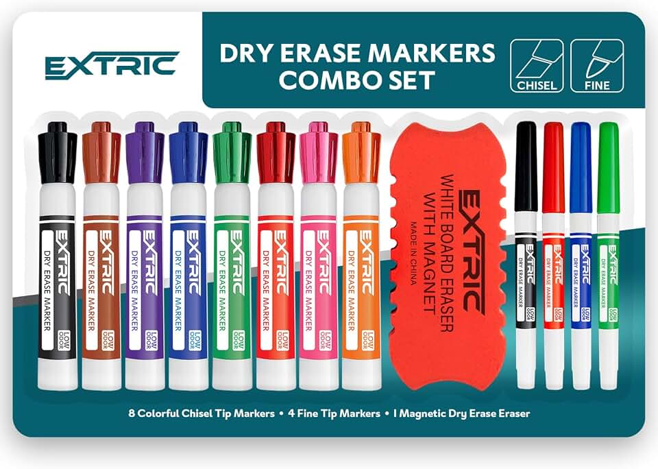 EXTRIC Dry Erase Markers with Eraser 12 PK Whiteboard Set Fine, Chisel | Whiteboard Markers Set with Eraser, 8 Chisel Tip and 4 Fine Tip Style, Low Odor and Non Toxic Ink for Classroom &amp; Teacher