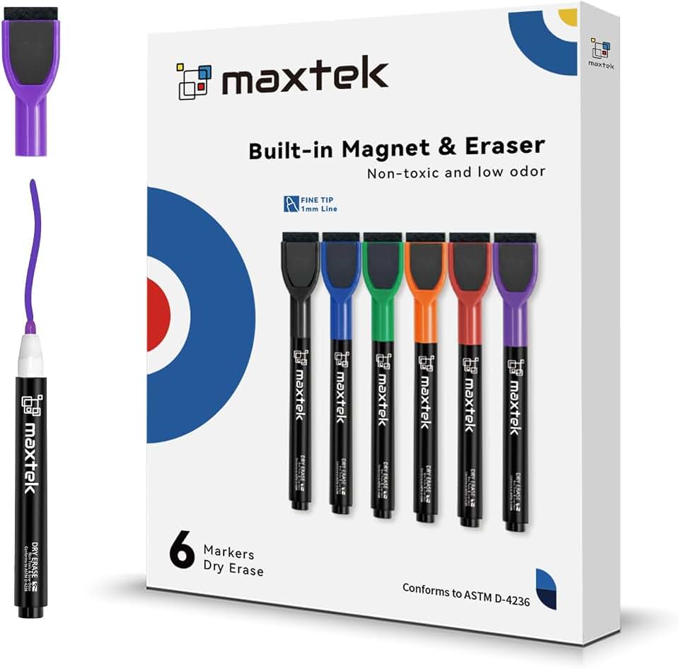 maxtek Dry Erase Markers - 6 Count Colorful Magnetic Dry Erase Markers Fine Tip with Eraser, Low Odor Whiteboard Markers for Calendar Boards Global Recycled Standard