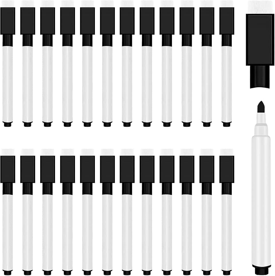 25 Pcs Dry Erase Markers, Fine Point, Magnetic Eraser Cap, Black | Mini White Board Markers, for Student, Teacher, Office, Classroom, School Supplies, and More