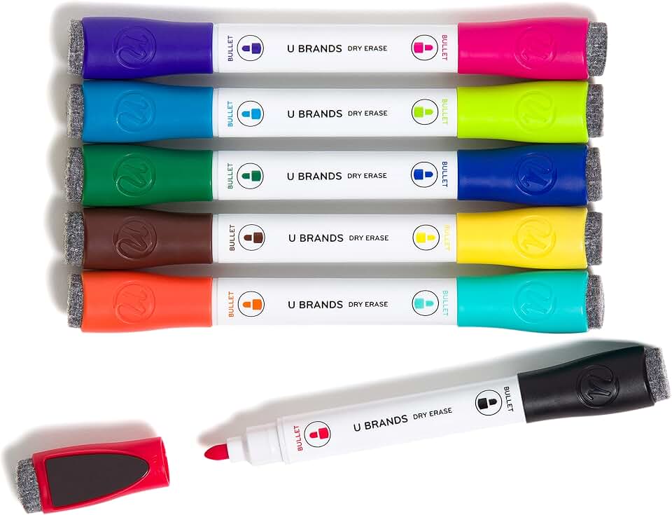 U Brands Dry Erase Markers, Double Ended Whiteboard Markers, Medium Bullet Tip, Low Odor, Assorted Bright Colors, Dry Erase Marker Set with Eraser Caps, Office School Classroom Supplies, 6 Pack