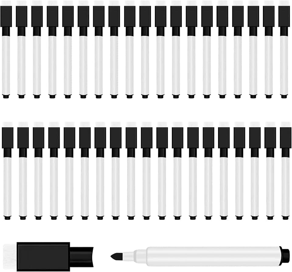 50 Pcs Magnetic Dry Erase Markers, Fine Point Tip, Black | Mini White Board Markers, with Eraser Cap, Bulk for Student, Office School Supplies